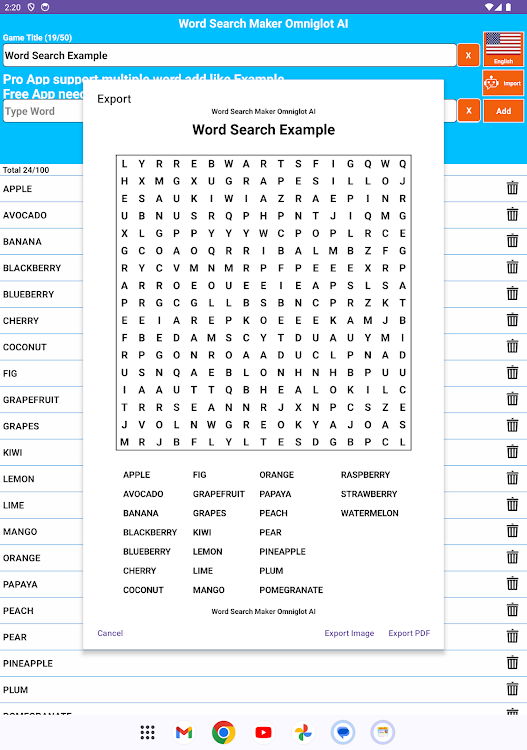 #8. Word Search Maker Omniglot (Android) By: Integrose